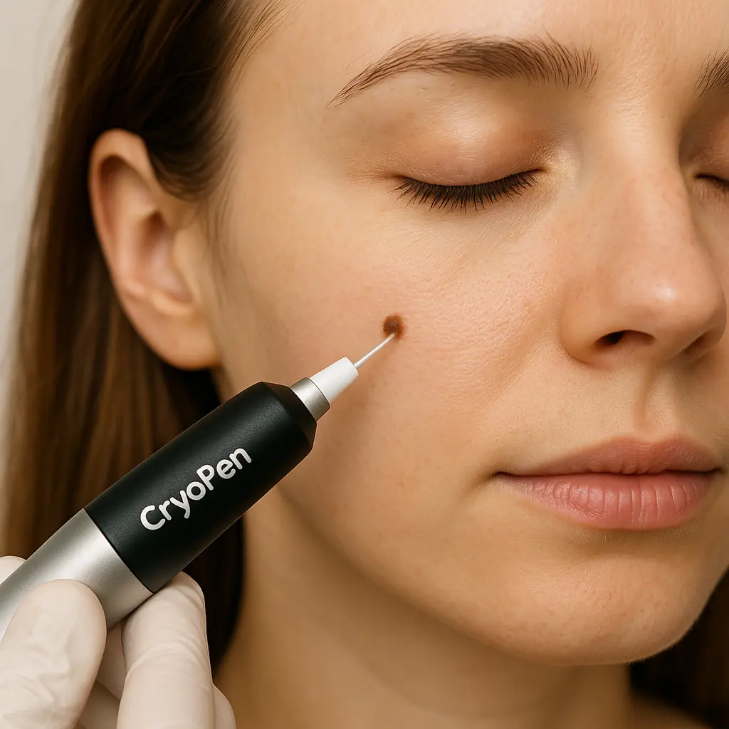 woman receiving facial mole removal St Johns using cryopen